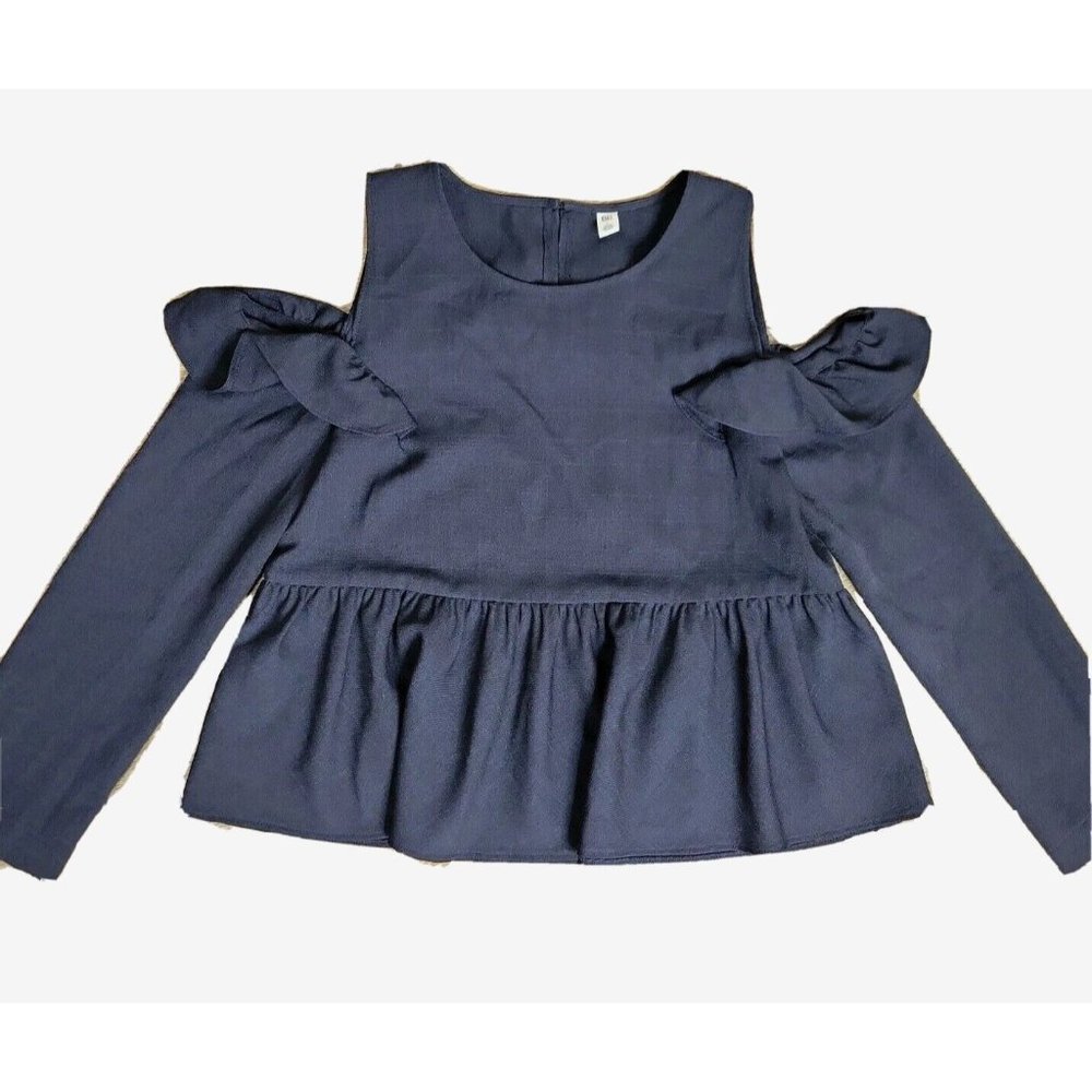BP. Women's S Dark Blue Blouse Cold Shoulder Ruffle Sleeve High Waist Ruffle Hem